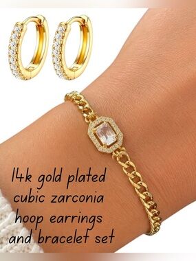 14k Gold Plated CZ 10mm Hoops and Bracelet
